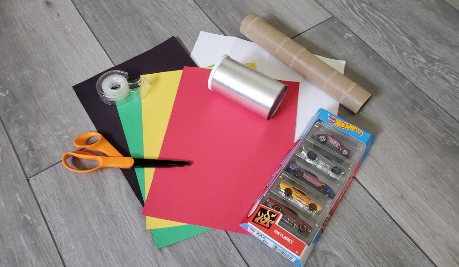 flat lay of the supplies for traffic stoplight diy activity for kids